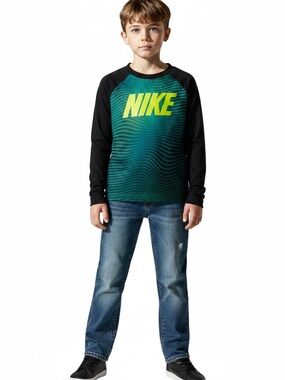 Nike dri-fit Boys' 7 green/ black wave print polyester long sleeve yellow logo